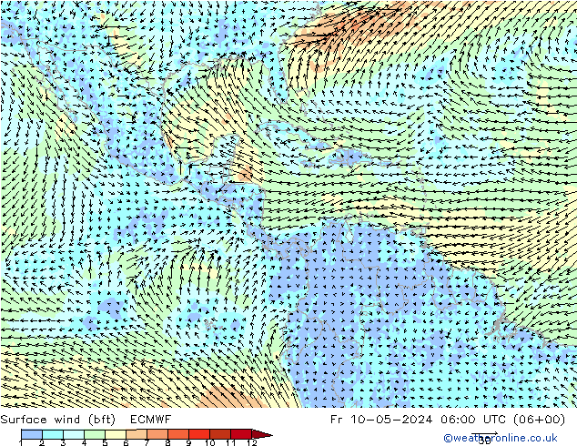 Surface wind (bft) ECMWF Fr 10.05.2024 06 UTC