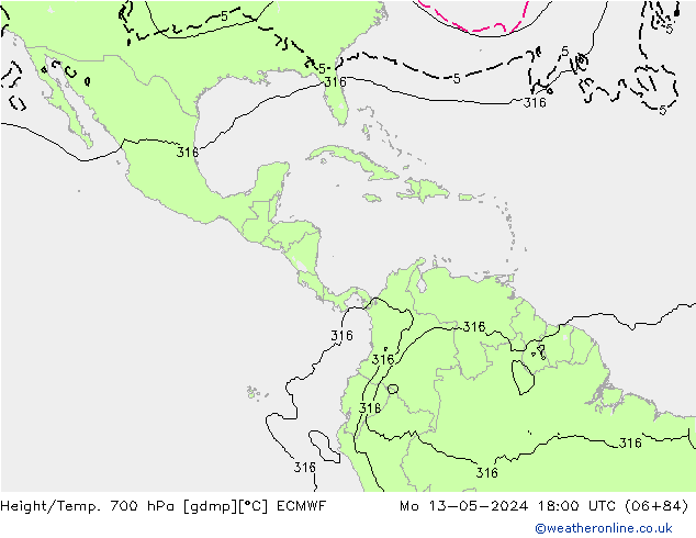 Geop./Temp. 700 hPa ECMWF lun 13.05.2024 18 UTC