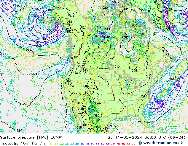 Isotaca (kph) ECMWF sáb 11.05.2024 06 UTC