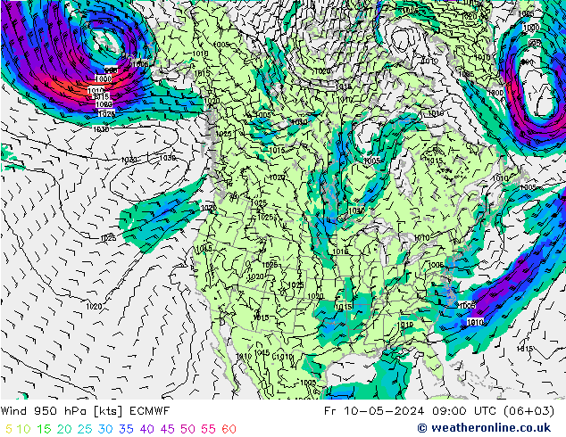 风 950 hPa ECMWF 星期五 10.05.2024 09 UTC