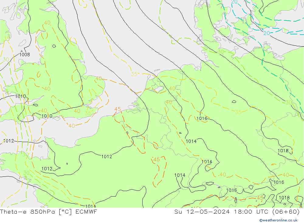 Theta-e 850hPa ECMWF nie. 12.05.2024 18 UTC