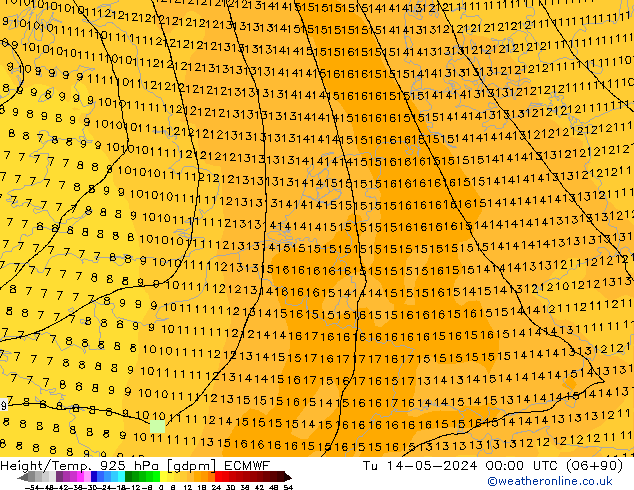 Height/Temp. 925 hPa ECMWF Di 14.05.2024 00 UTC