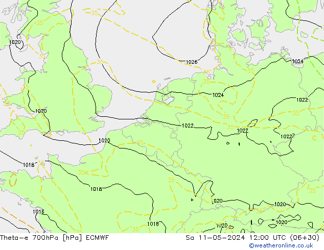 Theta-e 700hPa ECMWF so. 11.05.2024 12 UTC