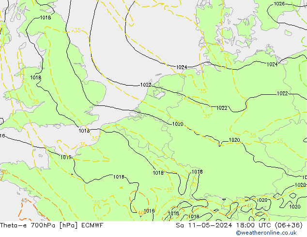 Theta-e 700hPa ECMWF sam 11.05.2024 18 UTC