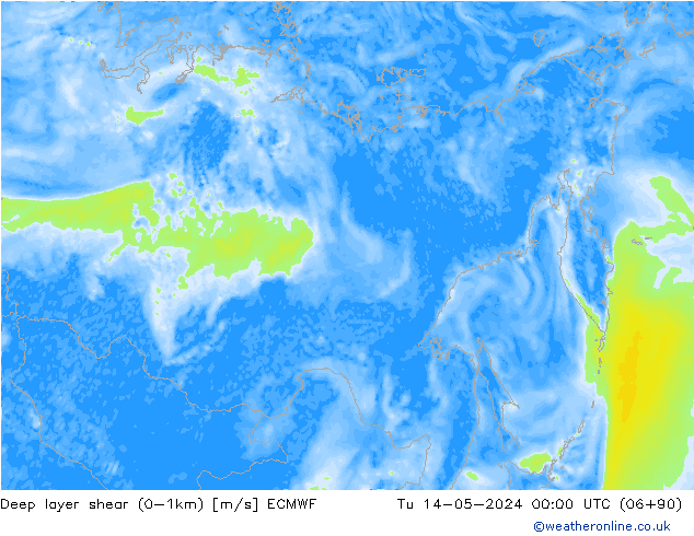 Deep layer shear (0-1km) ECMWF Sa 14.05.2024 00 UTC