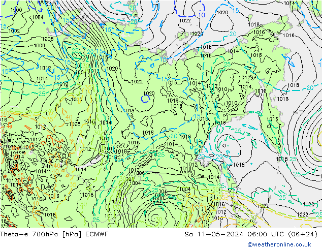 Theta-e 700hPa ECMWF sab 11.05.2024 06 UTC
