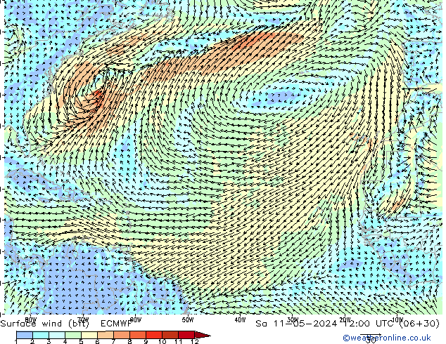 Surface wind (bft) ECMWF Sa 11.05.2024 12 UTC