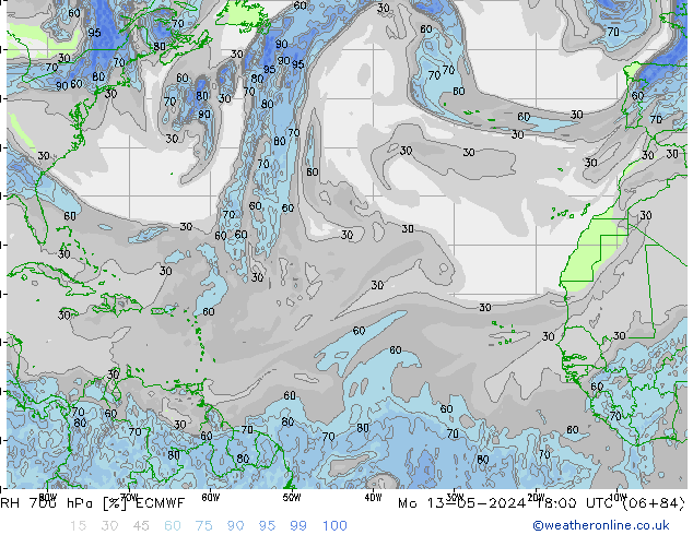Humidité rel. 700 hPa ECMWF lun 13.05.2024 18 UTC