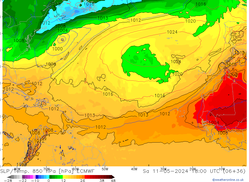 SLP/Temp. 850 hPa ECMWF Sa 11.05.2024 18 UTC