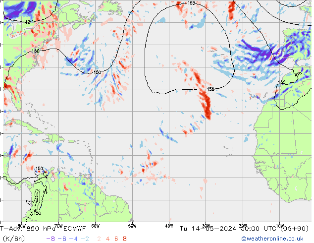 T-Adv. 850 hPa ECMWF Sa 14.05.2024 00 UTC