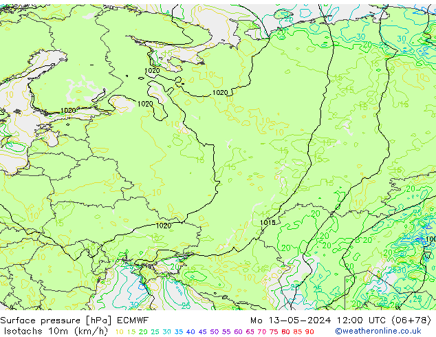 Izotacha (km/godz) ECMWF pon. 13.05.2024 12 UTC