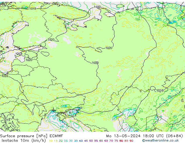 Isotachs (kph) ECMWF Mo 13.05.2024 18 UTC