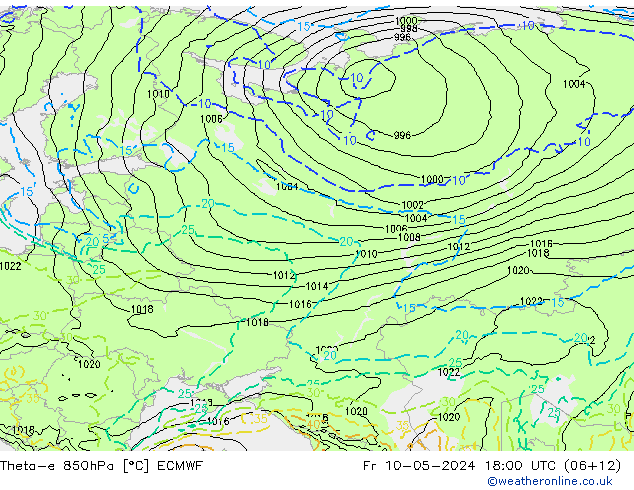 Theta-e 850hPa ECMWF ven 10.05.2024 18 UTC