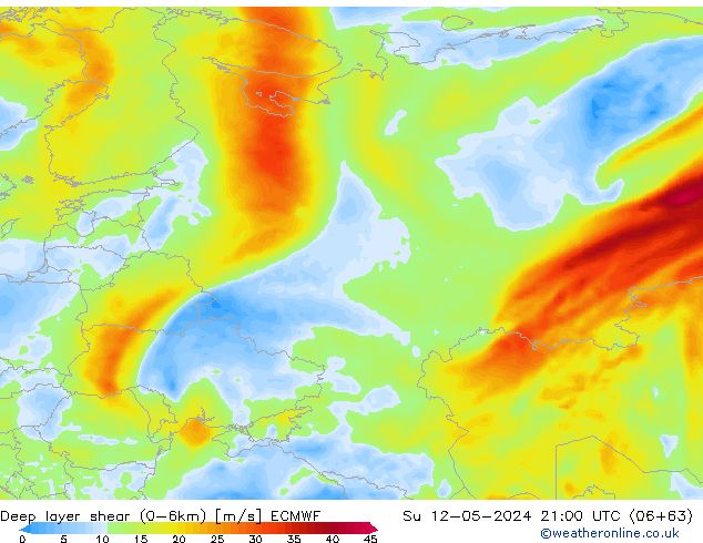 Deep layer shear (0-6km) ECMWF Ne 12.05.2024 21 UTC