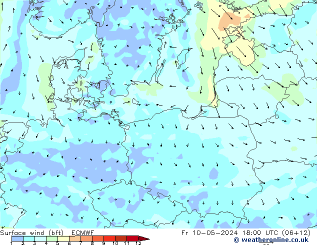 Surface wind (bft) ECMWF Fr 10.05.2024 18 UTC