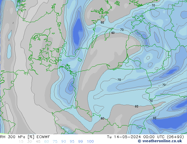 RH 300 hPa ECMWF Tu 14.05.2024 00 UTC