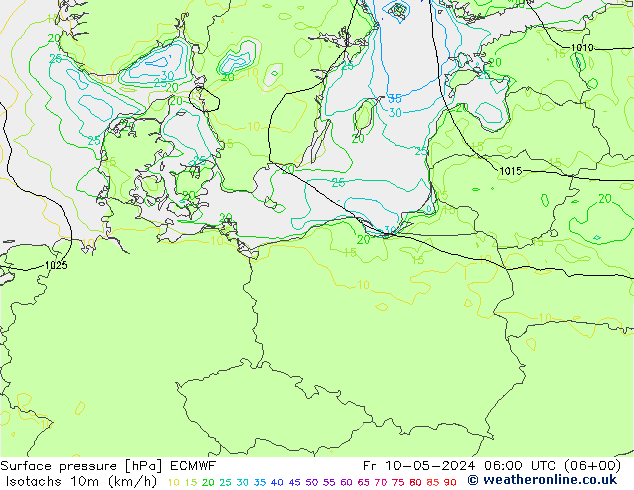 Isotachen (km/h) ECMWF Fr 10.05.2024 06 UTC
