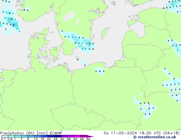 Totale neerslag (6h) ECMWF za 11.05.2024 00 UTC