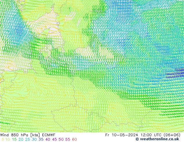 Rüzgar 850 hPa ECMWF Cu 10.05.2024 12 UTC