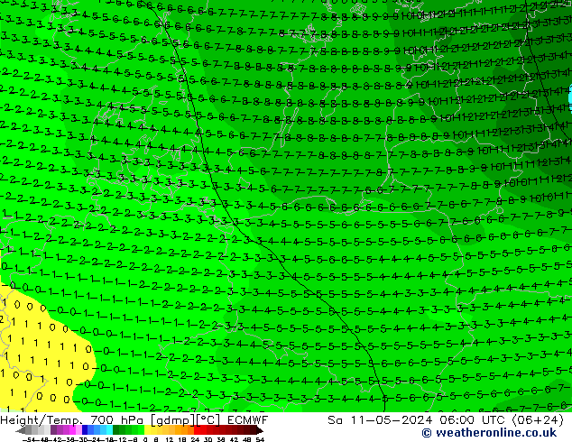 Height/Temp. 700 hPa ECMWF Sa 11.05.2024 06 UTC