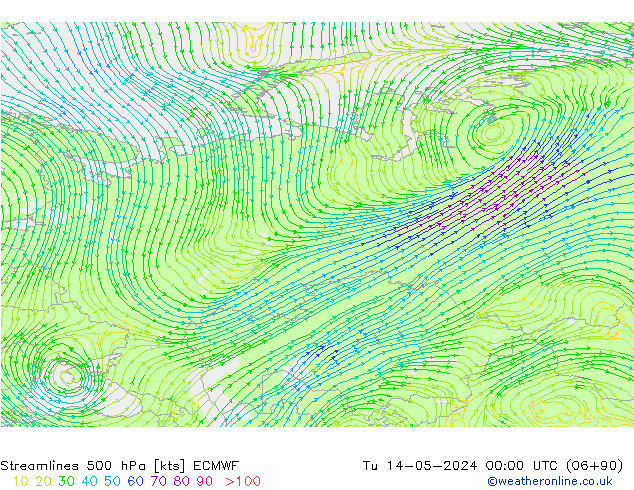 Linea di flusso 500 hPa ECMWF mar 14.05.2024 00 UTC