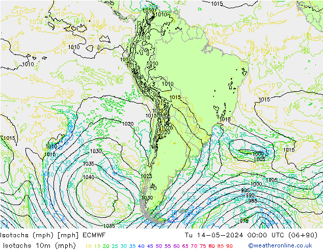 Isotachs (mph) ECMWF вт 14.05.2024 00 UTC