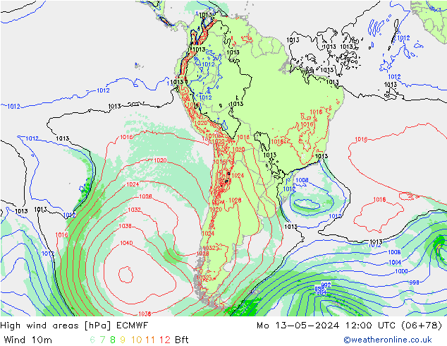 High wind areas ECMWF Mo 13.05.2024 12 UTC