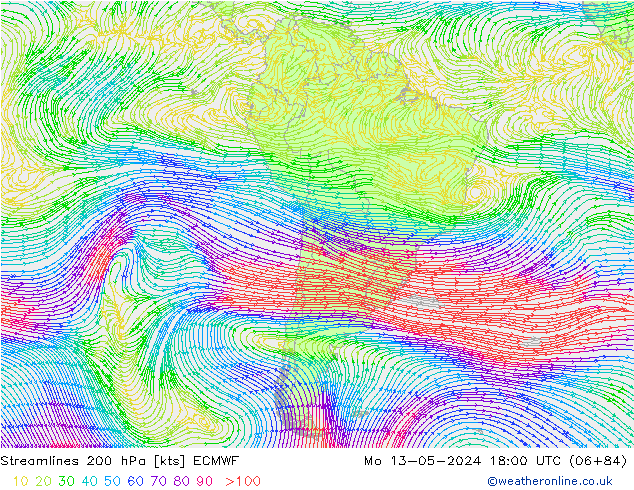 Streamlines 200 hPa ECMWF Mo 13.05.2024 18 UTC