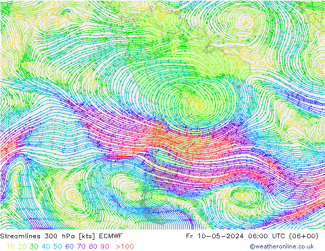 Linia prądu 300 hPa ECMWF pt. 10.05.2024 06 UTC