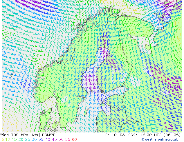 Wind 700 hPa ECMWF Fr 10.05.2024 12 UTC