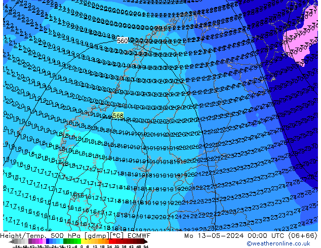 Z500/Rain (+SLP)/Z850 ECMWF lun 13.05.2024 00 UTC