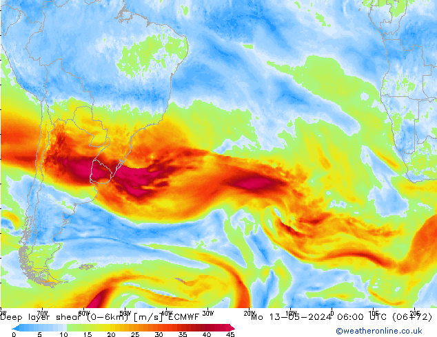 Deep layer shear (0-6km) ECMWF Seg 13.05.2024 06 UTC