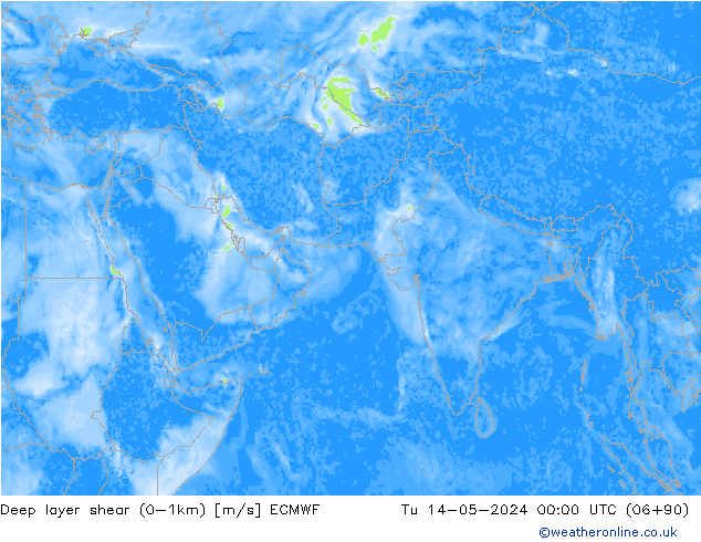 Deep layer shear (0-1km) ECMWF Út 14.05.2024 00 UTC
