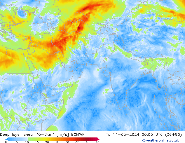 Deep layer shear (0-6km) ECMWF  14.05.2024 00 UTC