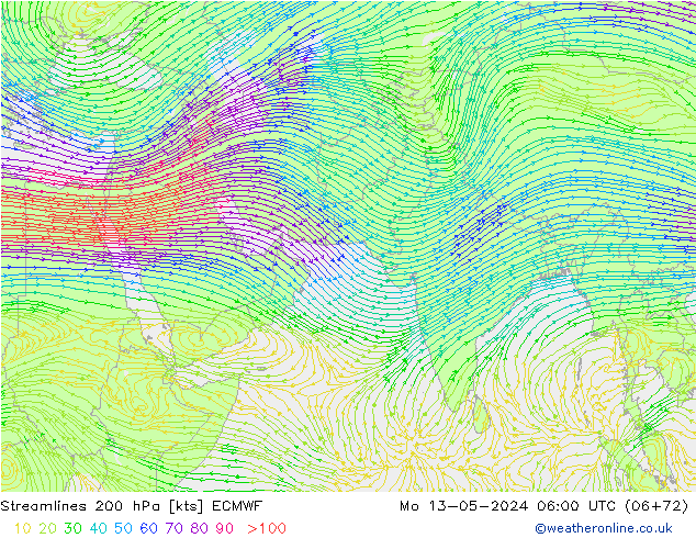 Linia prądu 200 hPa ECMWF pon. 13.05.2024 06 UTC