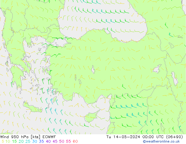 Wind 950 hPa ECMWF Út 14.05.2024 00 UTC