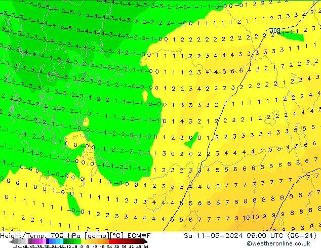 Height/Temp. 700 hPa ECMWF Sa 11.05.2024 06 UTC