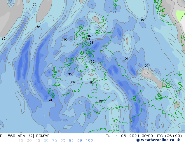 Humidité rel. 850 hPa ECMWF mar 14.05.2024 00 UTC