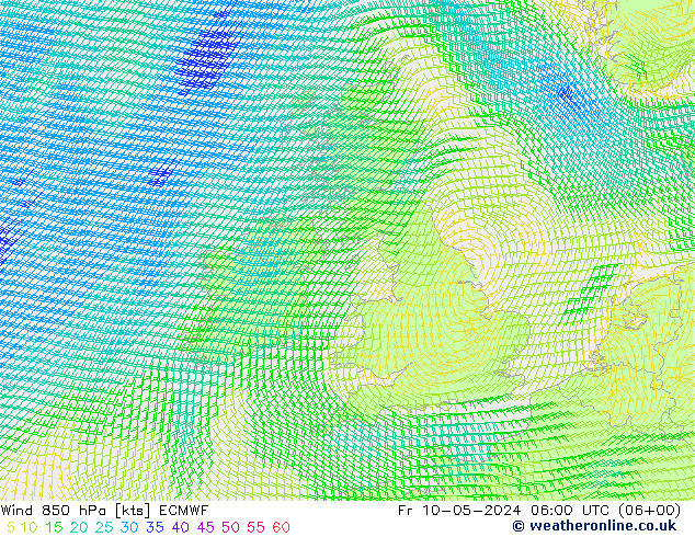 Wind 850 hPa ECMWF Pá 10.05.2024 06 UTC