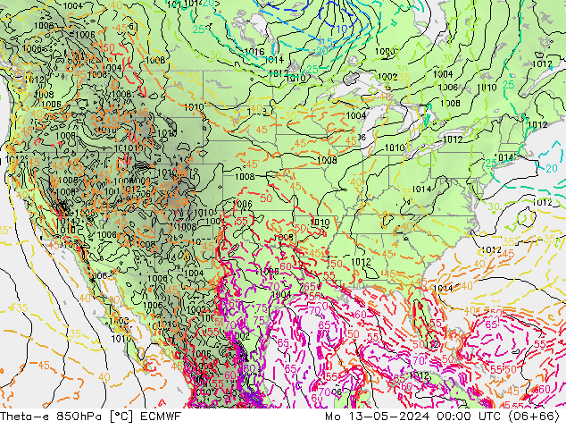 Theta-e 850hPa ECMWF Po 13.05.2024 00 UTC