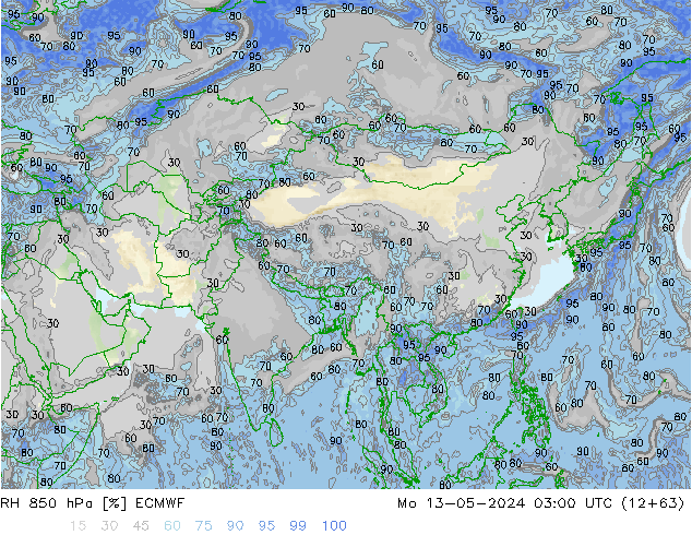 Humidité rel. 850 hPa ECMWF lun 13.05.2024 03 UTC