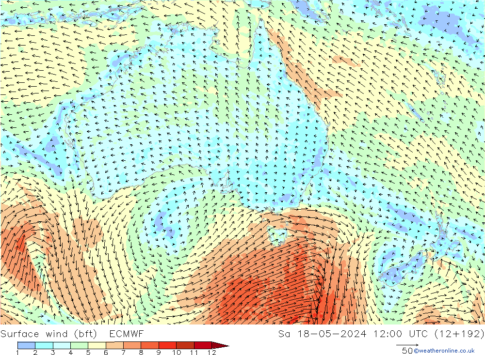 Wind 10 m (bft) ECMWF za 18.05.2024 12 UTC