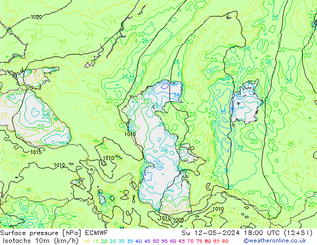 Isotachs (kph) ECMWF dim 12.05.2024 18 UTC