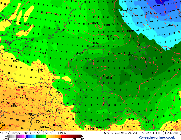 SLP/Temp. 850 hPa ECMWF Mo 20.05.2024 12 UTC