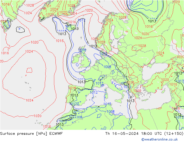 Presión superficial ECMWF jue 16.05.2024 18 UTC