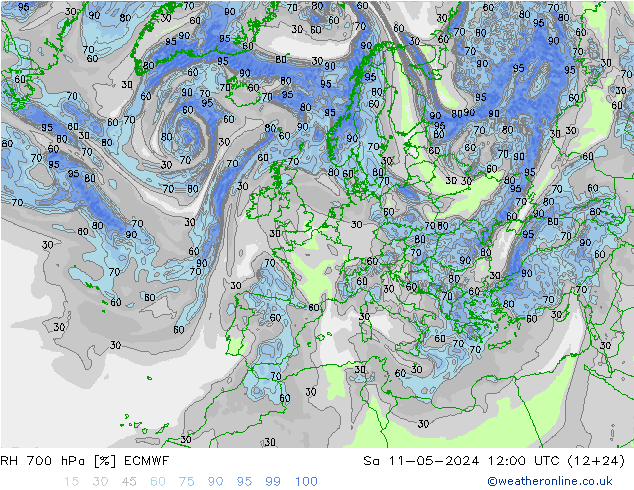 Humedad rel. 700hPa ECMWF sáb 11.05.2024 12 UTC