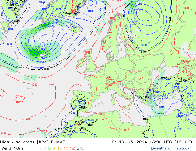 High wind areas ECMWF ven 10.05.2024 18 UTC