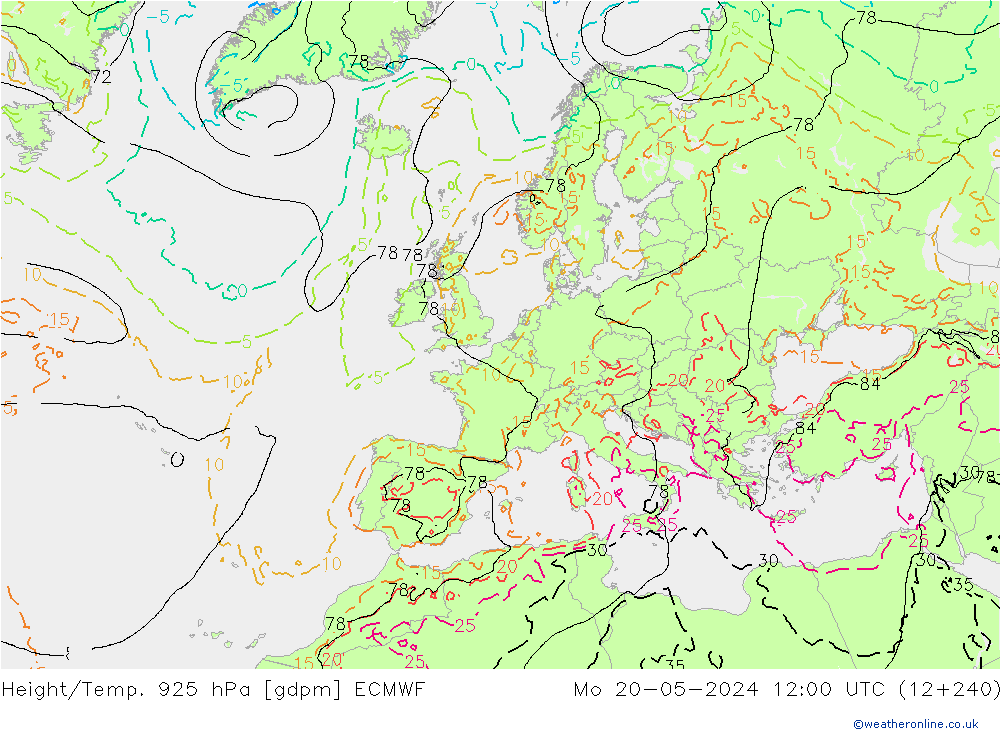 Height/Temp. 925 hPa ECMWF pon. 20.05.2024 12 UTC