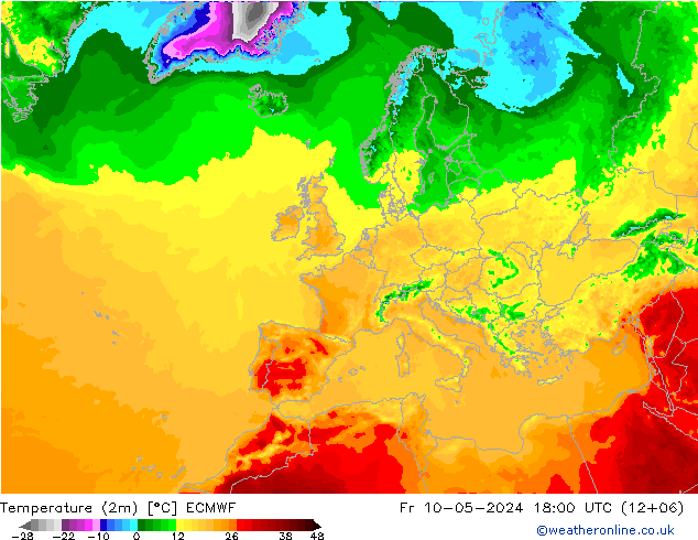 mapa temperatury (2m) ECMWF pt. 10.05.2024 18 UTC