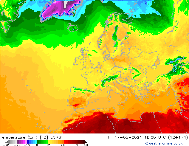 Temperatuurkaart (2m) ECMWF vr 17.05.2024 18 UTC